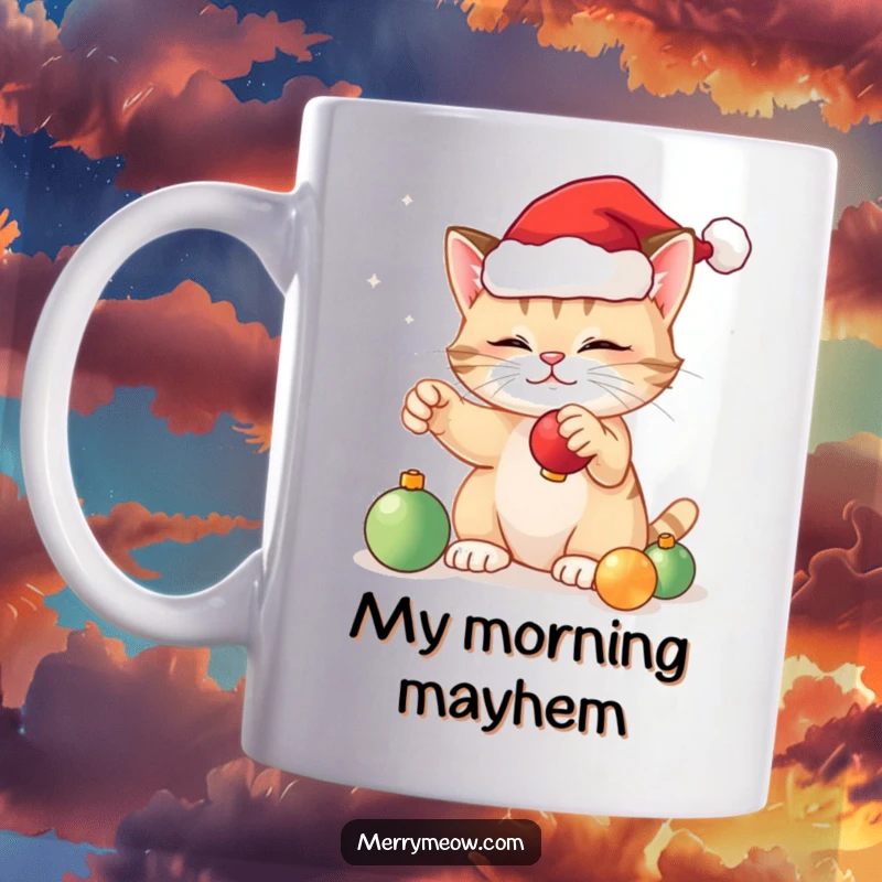 Funny festive cat mug wearing a tiny Santa hat, playfully batting at shiny Christmas ornaments with a mischievous look.