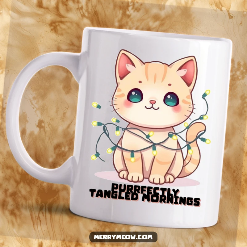 Funny kawaii cat mug with fairy lights artfully tangled around it, conveying cute chaos and festive fun.