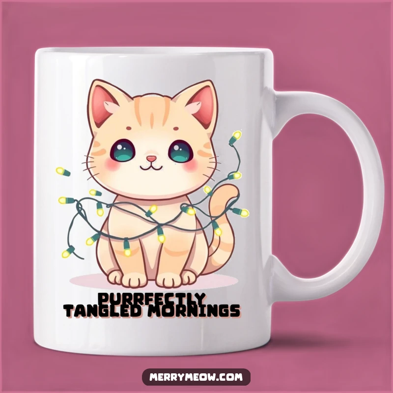 Funny Kawaii Cat Fairy Lights Mug: Tangled Joyful Gift for Cat Lovers