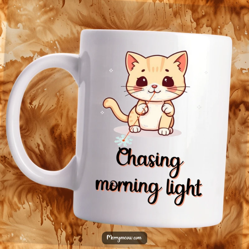 Funny kawaii cat energetically chasing a red laser pointer dot across a snowflake, showing playful focus.