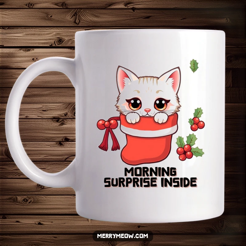 Funny kawaii cat with wide eyes peeking out from a festive Christmas stocking, embodying sweet surprise.