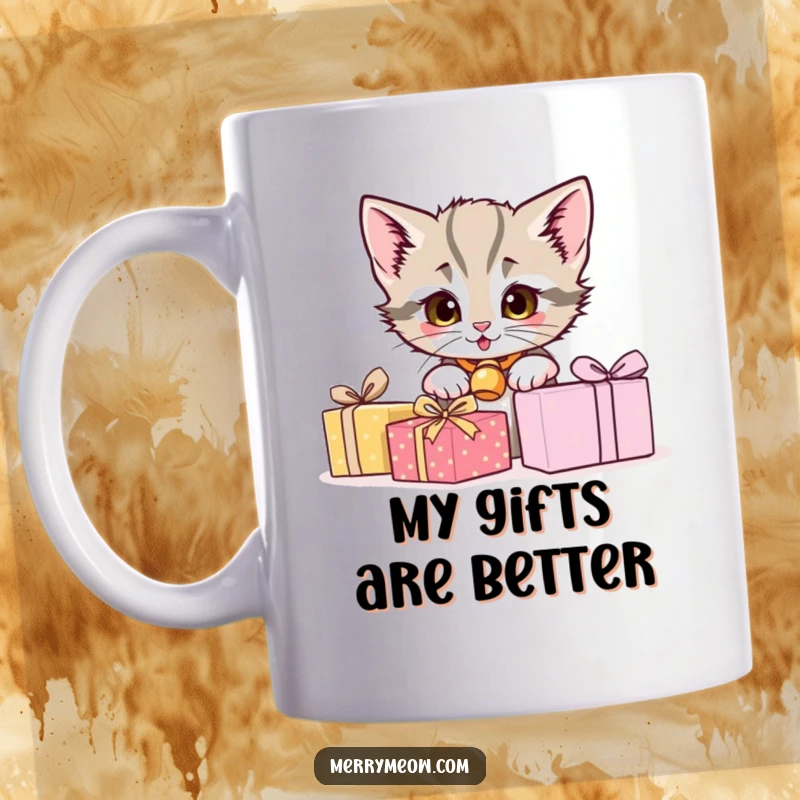 Funny kitten with bell collar peeking mischievously from behind a mountain of colorful presents, cute and relatable gift.