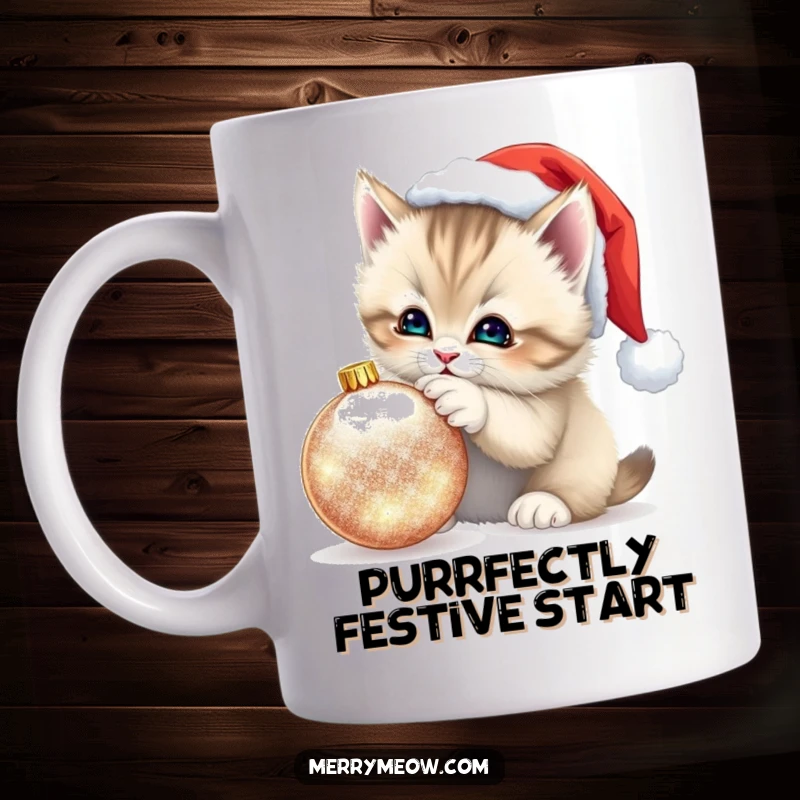Funny Kitten Santa Hat Mug: Fluffy kitten in a tiny Santa hat playfully batting at a shimmering ornament, festive holiday fun.