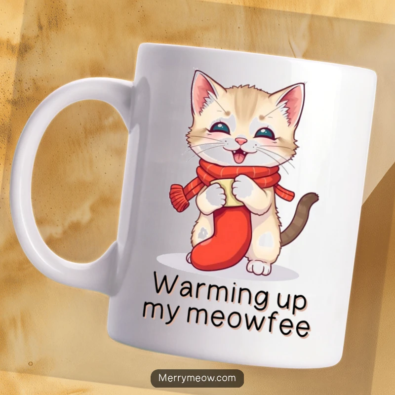 Funny mug featuring a playful kitten wearing a small festive scarf, gleefully wrestling with a rolled-up Christmas stocking, full of holiday mischief.
