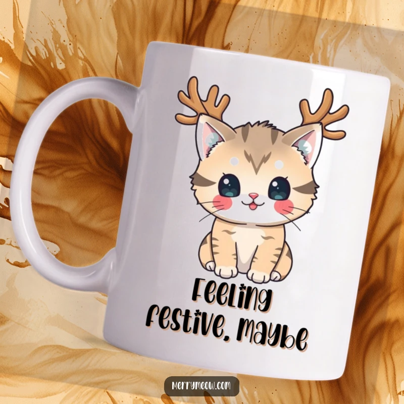 Funny Mug: A playful cat wearing festive reindeer antlers looks directly at the viewer with a hilariously mischievous expression.