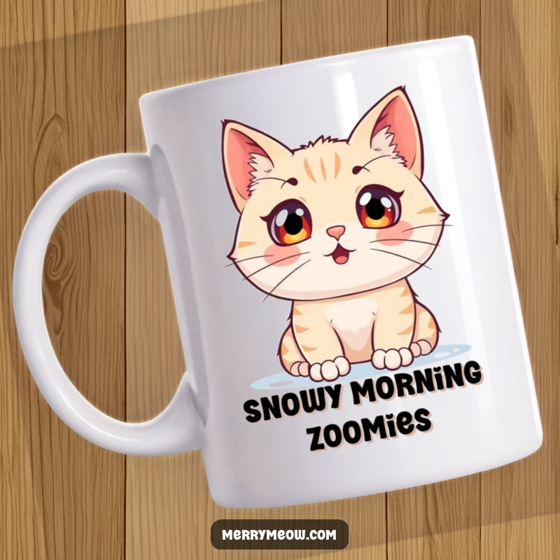 Funny mug featuring a cat character with wide, excited eyes mesmerized by falling snow, capturing pure winter wonder.