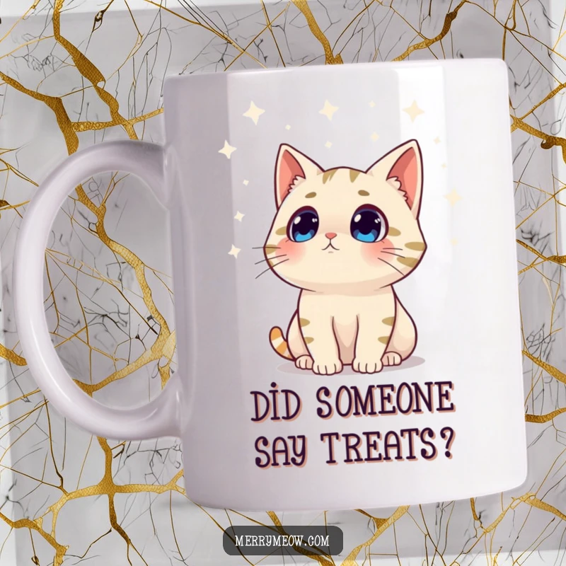 Funny mug depicting a surprised cat character with wide eyes looking up in awe at a string of colorful, twinkling holiday lights.