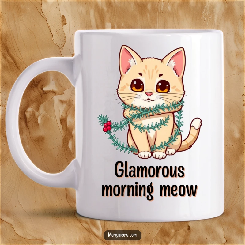 Funny mug showcasing a cat character humorously wrapped in festive tinsel, capturing a moment of playful holiday entanglement.