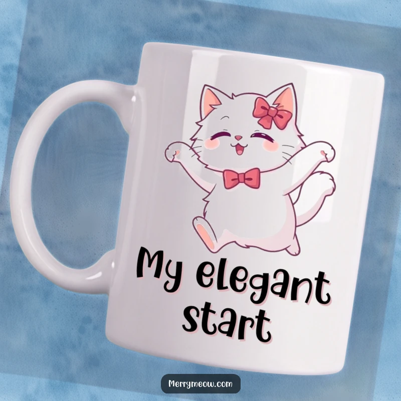 Funny white cat mug featuring a fluffy cat in a festive bow mid-graceful leap, showcasing elegance and playful charm.