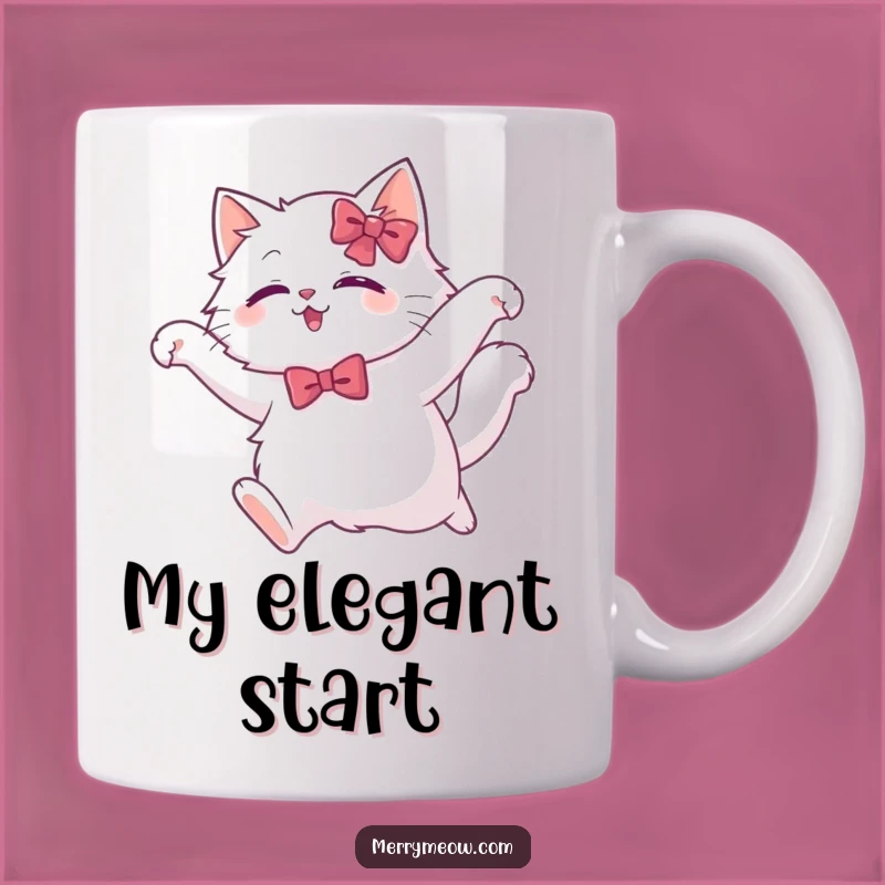 Funny White Cat Leap Mug: Festive Bow Design, Perfect Humorous Gift for Graceful Souls