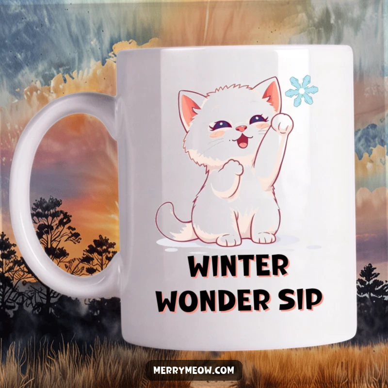 Funny mug featuring a white kitten batting at a falling snowflake with pure delight and winter wonder.