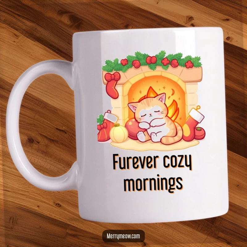 Funny sleepy cat character dozing peacefully by a crackling fireplace, surrounded by stockings, on a warm and inviting mug.