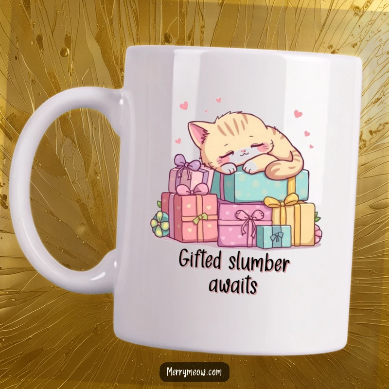 Funny kawaii cat sleeping soundly atop a stack of colorful presents, embodying peaceful slumber.