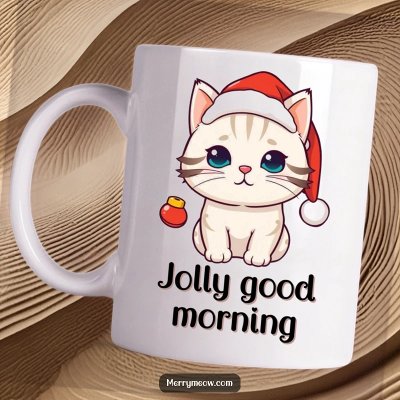 Funny kawaii cat wearing a tiny Santa hat adorned with jingle bells, radiating holiday joy and cuteness.