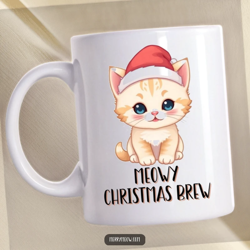 Funny kawaii kitten mug, wearing a tiny, festive Santa hat with a sweet expression, bringing holiday cheer and adorable charm.