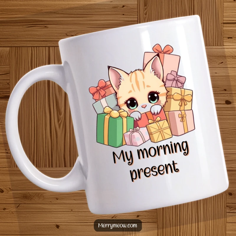 Funny mug featuring a curious cat with wide eyes peeking out from a mountain of colorful presents.