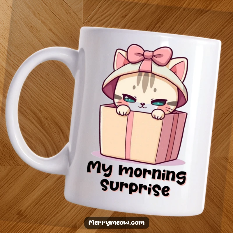Funny mug featuring a mischievous cat peeking out from a brightly wrapped gift box, hinting at playful surprises.