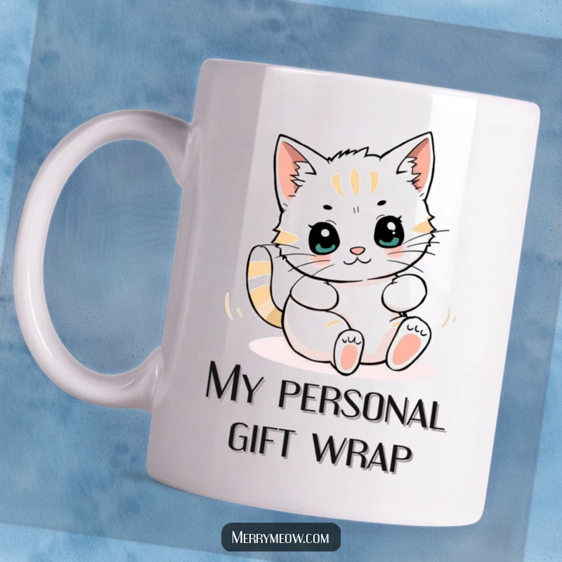 Funny mug featuring a playful cat character gleefully rolling inside a pile of discarded wrapping paper, embodying chaotic holiday fun.