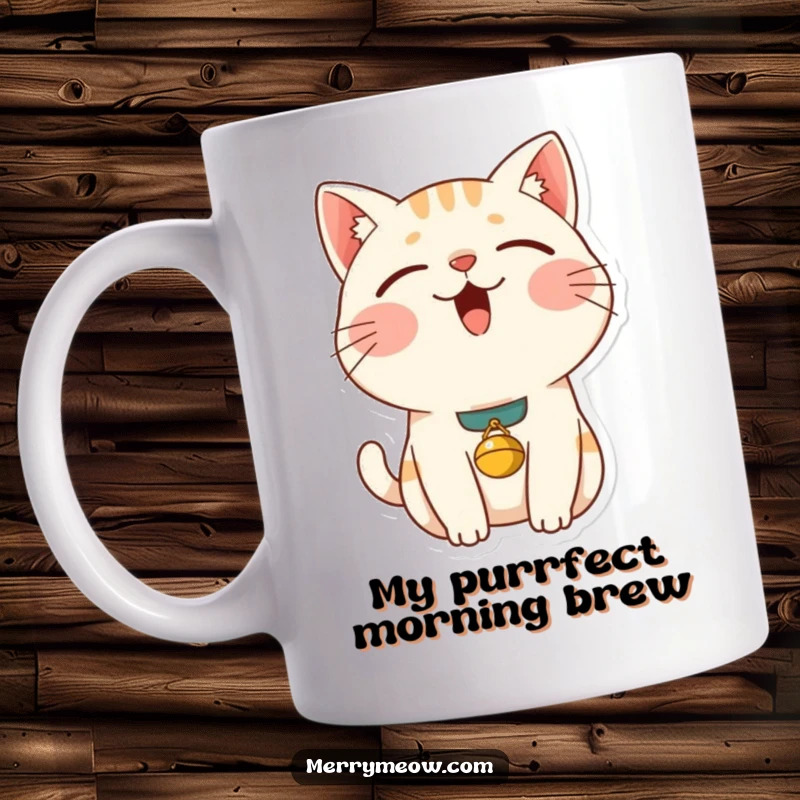 Funny content cat mug featuring a contented kitty purring with eyes closed, wearing a small bell collar, radiating peaceful joy.