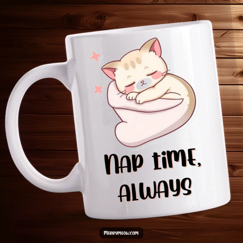 Funny Mug: A very sleepy cat is curled up snugly inside a Christmas stocking, dreaming hilariously sweet dreams.