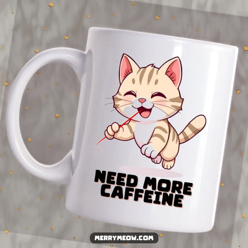 Funny tabby cat mug showing a cat gleefully pursuing a red laser dot with intense focus and playful abandon, capturing pure feline excitement.