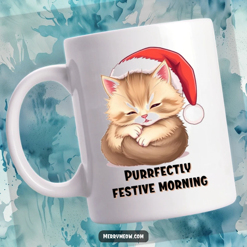 Funny mug showing a sleepy, fluffy kitten cozily nestled in a miniature Santa hat, looking utterly content and happy.