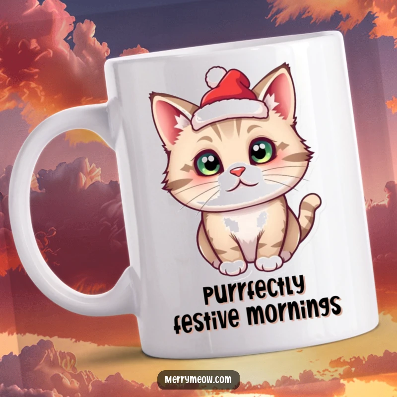 Funny cat character wearing a tiny, festive Santa hat, looking cute and ready for Christmas.