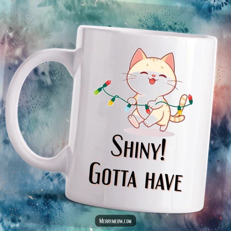Funny cat character tangled in colorful Christmas lights, chasing the festive glow on a mug.