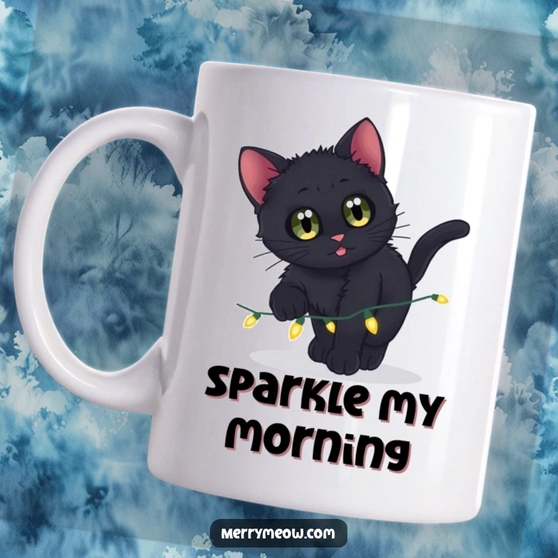 Funny mug showcasing a black kitten with wide eyes pouncing on twinkling Christmas lights, full of playful mischief.
