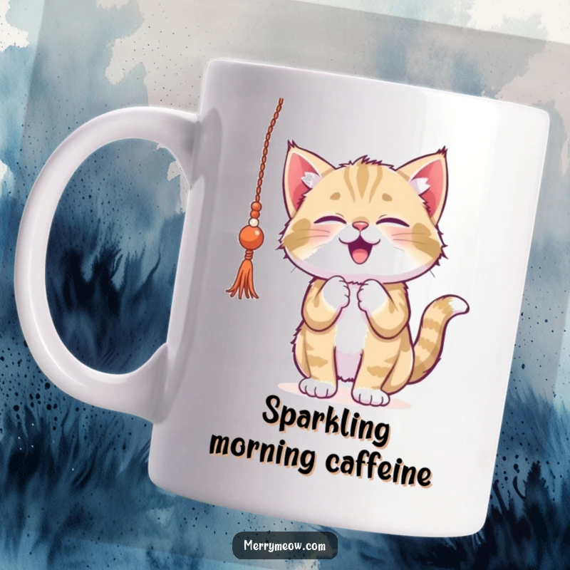 Funny kitten mug, gleefully batting at a dangling strand of shiny tinsel, capturing a moment of playful holiday mischief.