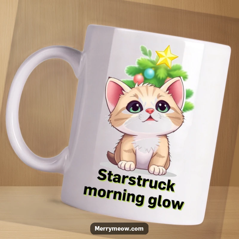 Funny mug showing a cute kitten gazing upwards with wide, adoring eyes at a brightly twinkling Christmas tree star, full of wonder.
