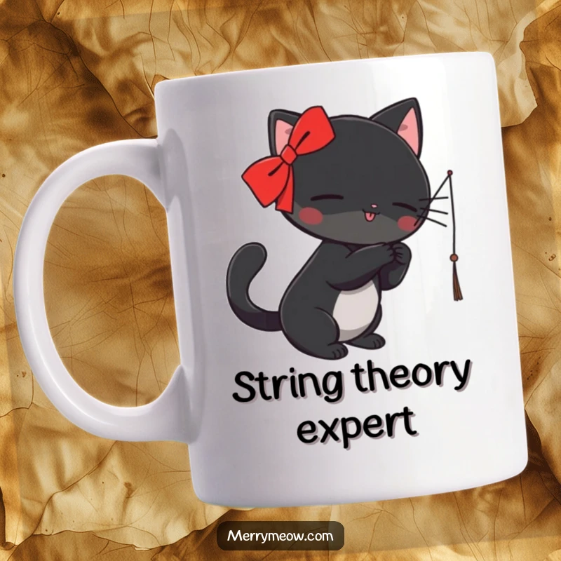 Funny Mug: A black cat with a red ribbon playfully bats at a dangling string, captured in a moment of hilarious feline fun.