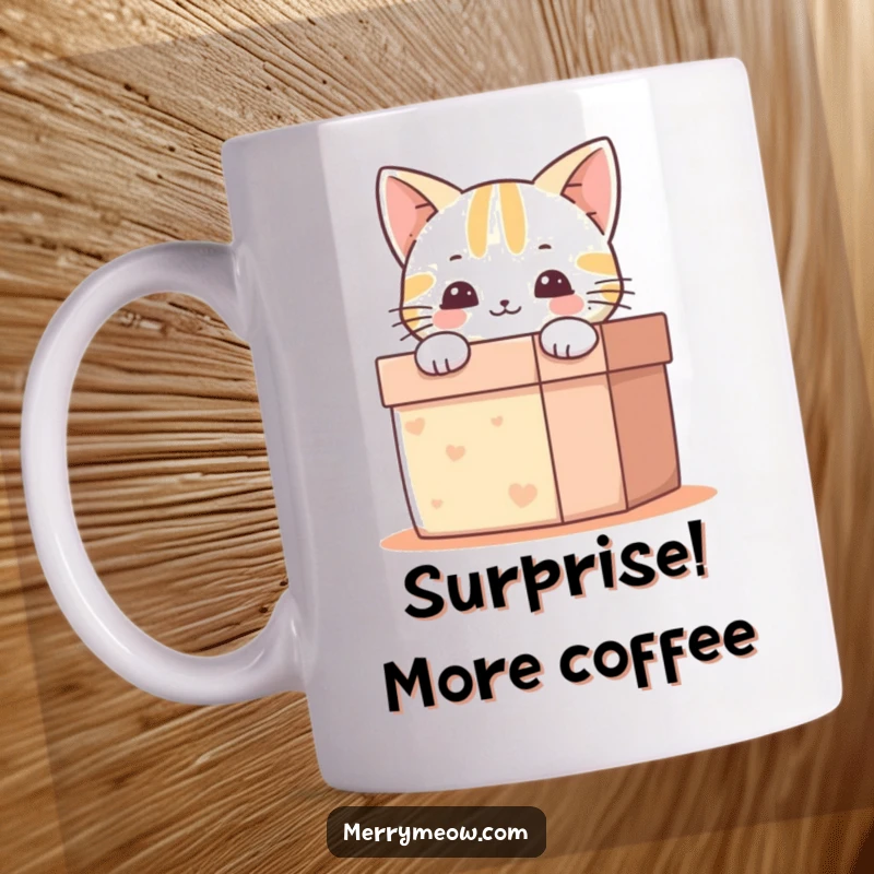 Funny Mug: A happy cat with wide eyes peeks out from a brightly wrapped gift box, radiating pure delight.