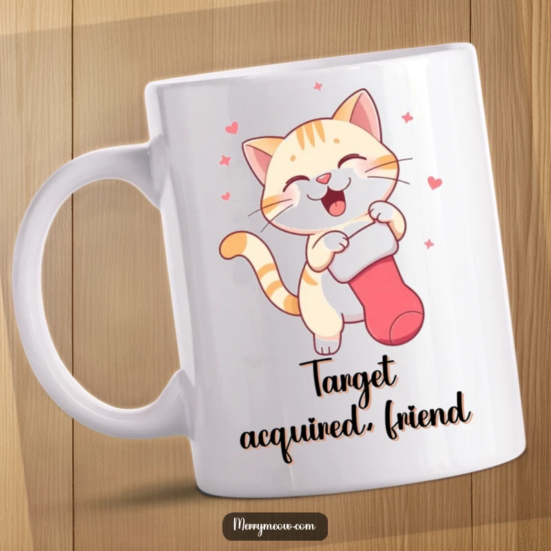 Funny mug featuring a cat character actively and joyfully swatting at a dangling Christmas stocking, embodying holiday playtime and mischief.