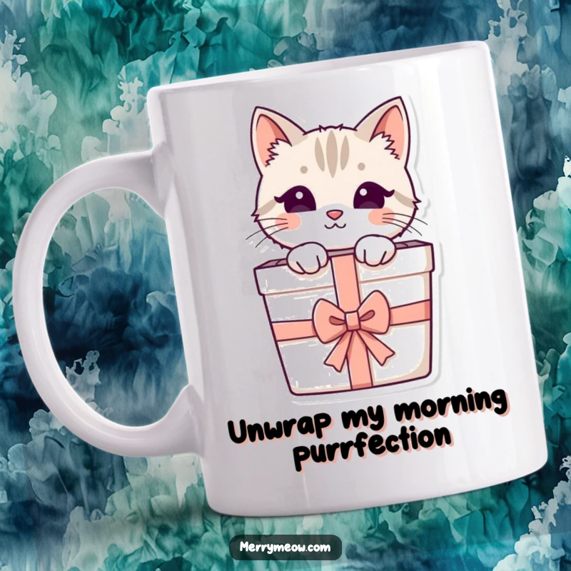 Funny mug illustration of a curious cat peeking out from a festive gift box with a ribbon, offering a delightful surprise.