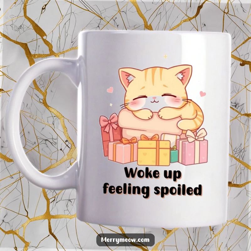Funny mug with a contented cat character happily napping soundly on a colorful pile of wrapped gifts, embodying holiday peace.