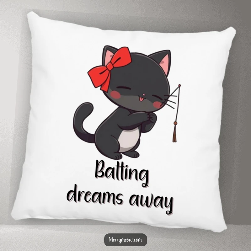 Funny Pillow: A black cat with a red ribbon is caught mid-bat at a dangling string, looking hilariously playful and cute.