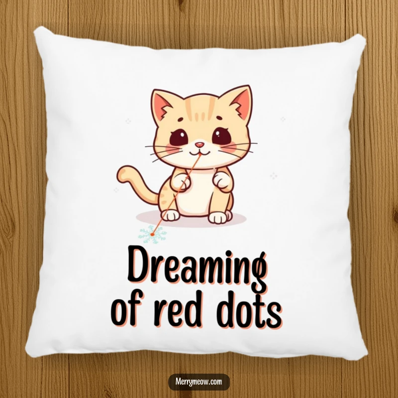 Funny kawaii cat playfully chasing a laser pointer dot on a snowflake, a soft and amusing pillow.