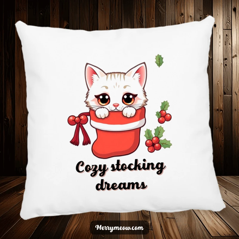 Funny kawaii cat peeking from a Christmas stocking with wide eyes, a soft and amusing pillow.