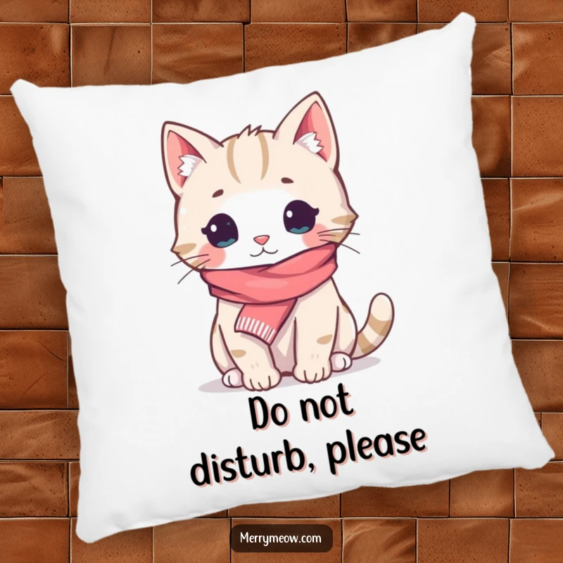 Funny Pillow: A soft cushion featuring a cat in a tiny scarf, radiating coziness and charm, ideal for a funny gift.
