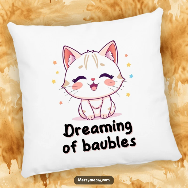Funny cat character joyfully batting at tinsel, embodying festive fun on a soft pillow.