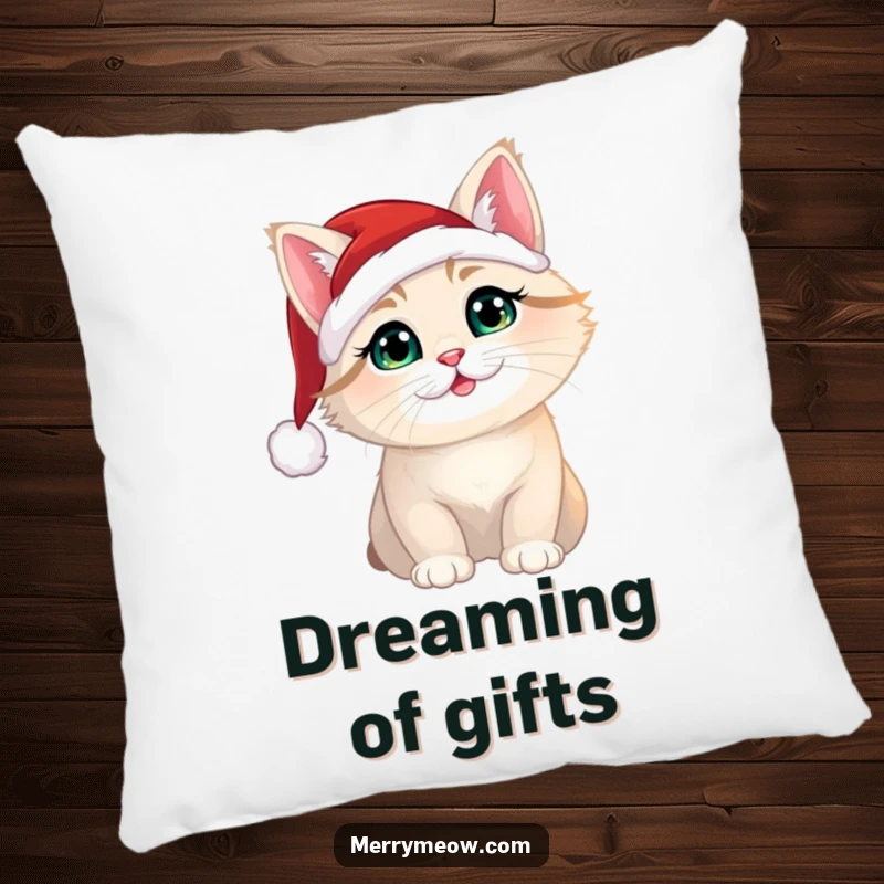 Funny Christmas cat wearing a Santa hat, featured on a plush pillow for decorative comfort and holiday spirit.