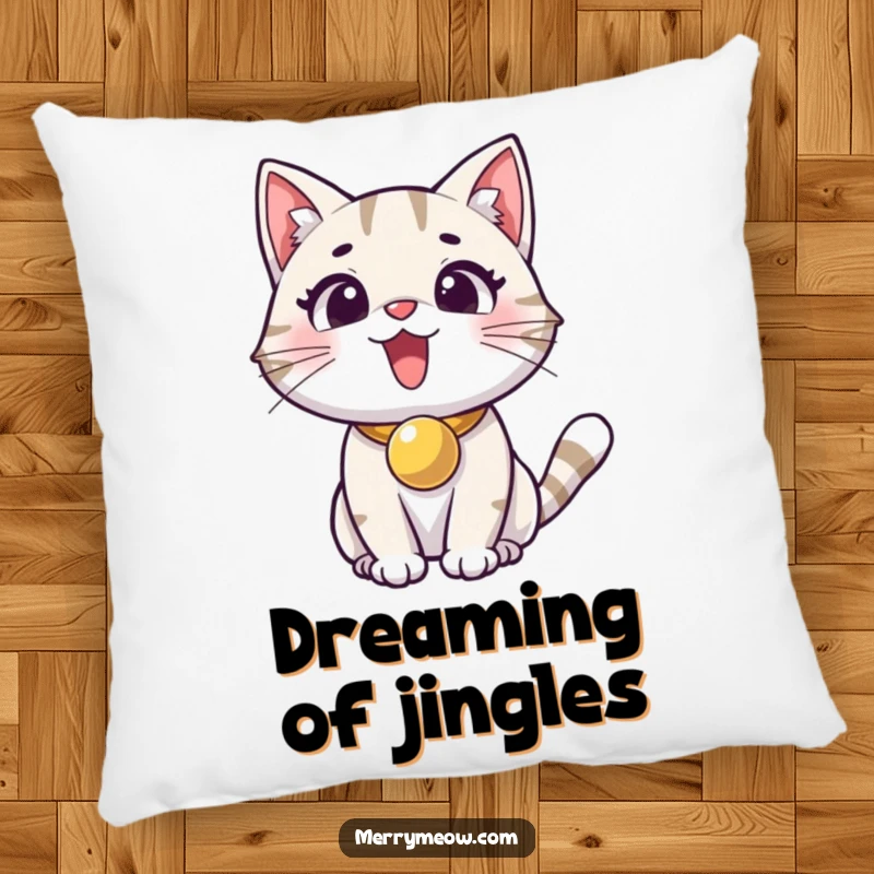 Funny pillow featuring an excited cat with a jingle bell collar, perfect for adding a touch of cozy feline delight.
