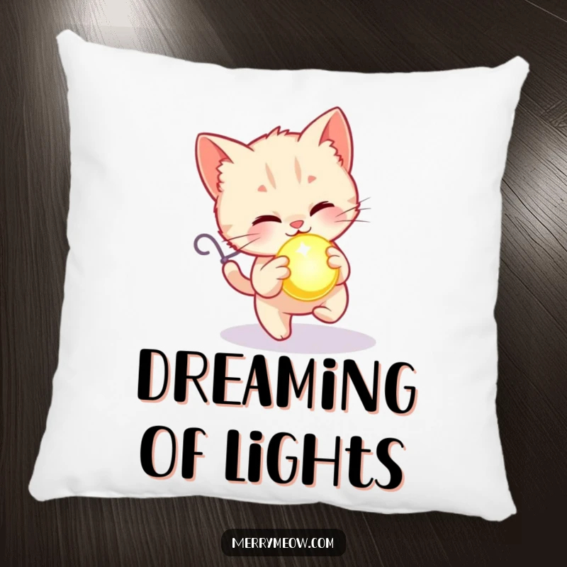 Funny pillow featuring a kitten happily chasing a glowing holiday ornament, perfect for adding a touch of festive comfort.