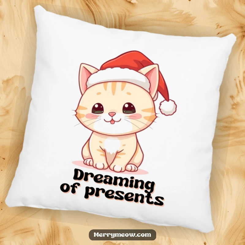 Funny pillow featuring a cute Christmas cat with a Santa hat, symbolizing festive comfort.