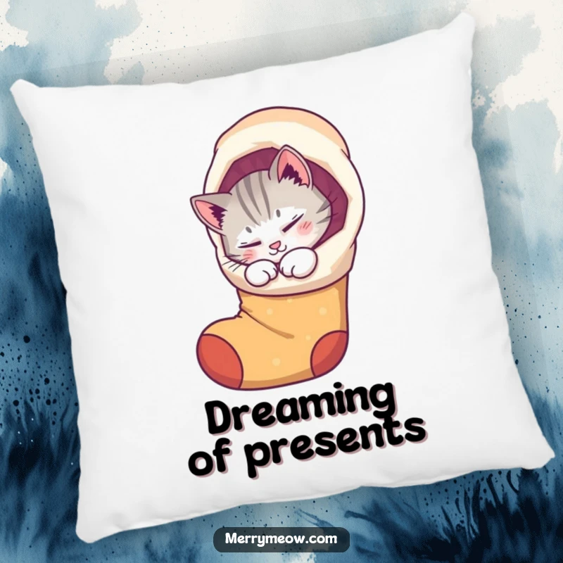 Funny pillow showcasing a purring cat curled up inside a whimsical stocking, perfect for adding holiday comfort and cuteness.
