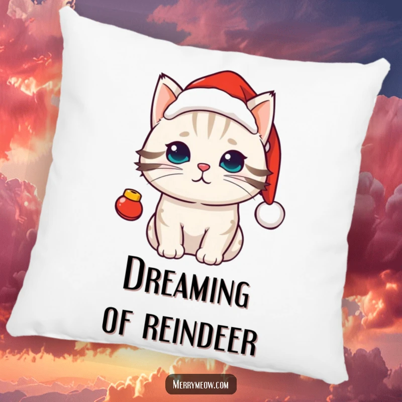 Funny kawaii cat wearing a Santa hat with jingle bells, a festive and soft pillow for holiday comfort.