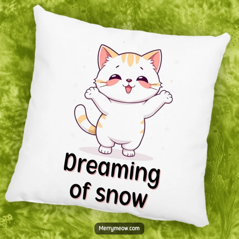 Funny Kawaii Cat Pillow showing a cute cat doing a silly dance with snowflakes, soft and full of winter fun.