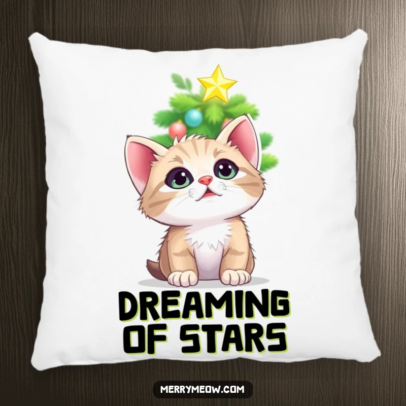 Funny pillow showcasing a kitten looking up with wide, adoring eyes at a twinkling Christmas tree star, bringing cozy holiday vibes.