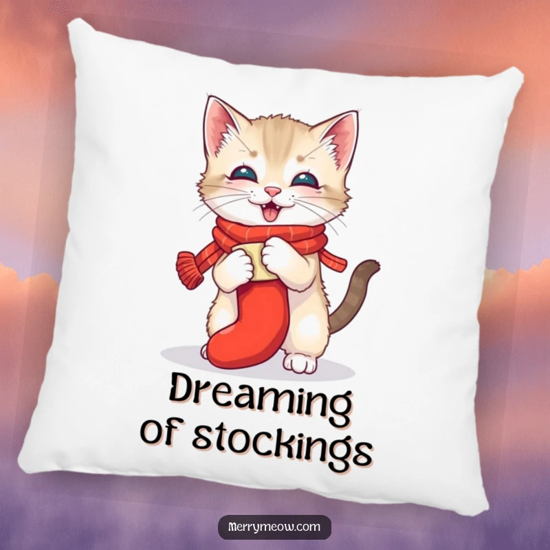 Funny decorative pillow featuring a playful kitten in a scarf wrestling a stocking, offering plush comfort and holiday humor, perfect for relaxation.
